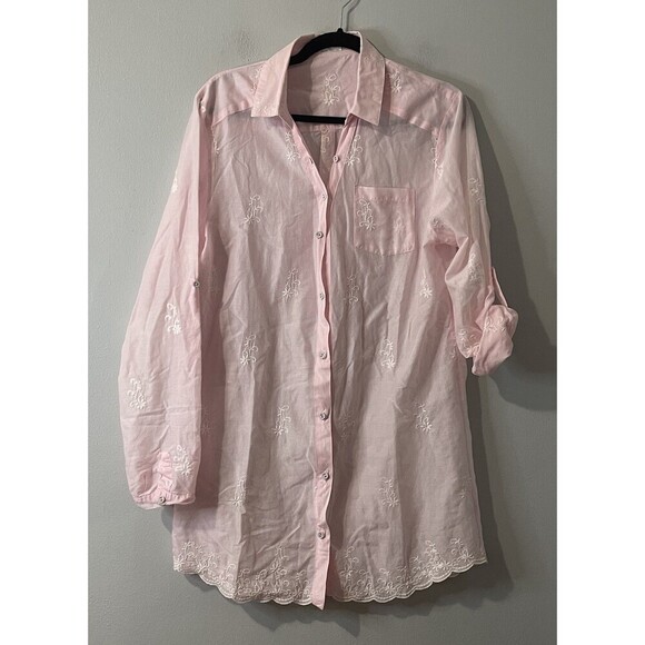 PJ SALVAGE Pajama Night Shirt Medium Pink Embroidered Lightweight Casual Comfort - Picture 1 of 8